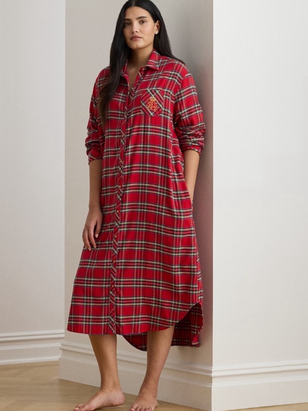 Lauren Ralph Lauren red plaid cotton flannel sleep shirt dress gold logo crest